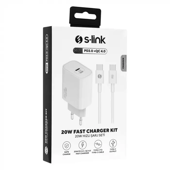 S-link SL-EC62TP Type-C 20W PD3.0 Quick Charge QC4.0 Kablo + Ev Şarj Adaptör (KDO)