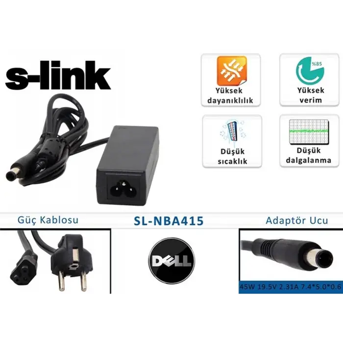S-link sl-nba415 45w 19.5v 2.31a 7.4-5.0-0.6 Dell Notebook Adaptörü (KDO)