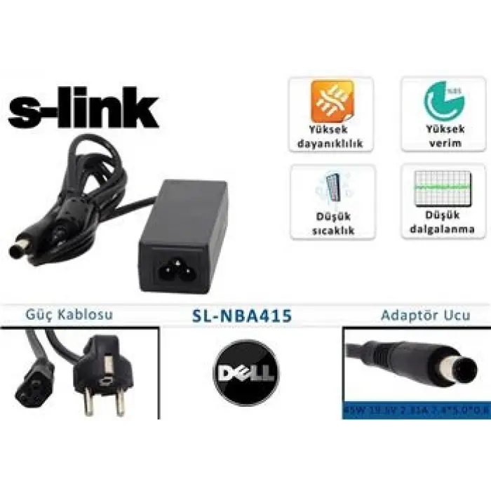 S-link sl-nba415 45w 19.5v 2.31a 7.4-5.0-0.6 Dell Notebook Adaptörü (KDO)