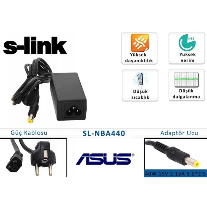 S-link SL-NBA440 40w 19v 2.15a 5.5-2.5 Asus Notebook Adaptörü (KDO)