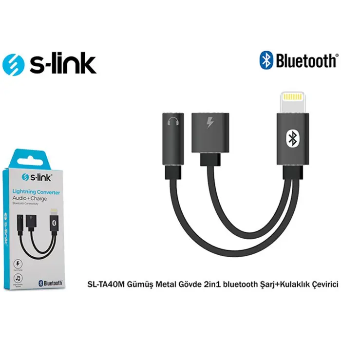 S-link SL-TA40M Lightning Gri Metal 2in1 bluetooth Şarj+Kulaklık Çevirici (KDO)