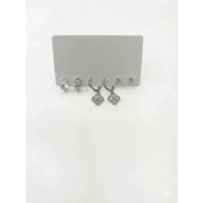 Rodyum Zirkon Taşlı Pirinç Altılı  Kombin Küpe - Kp00581