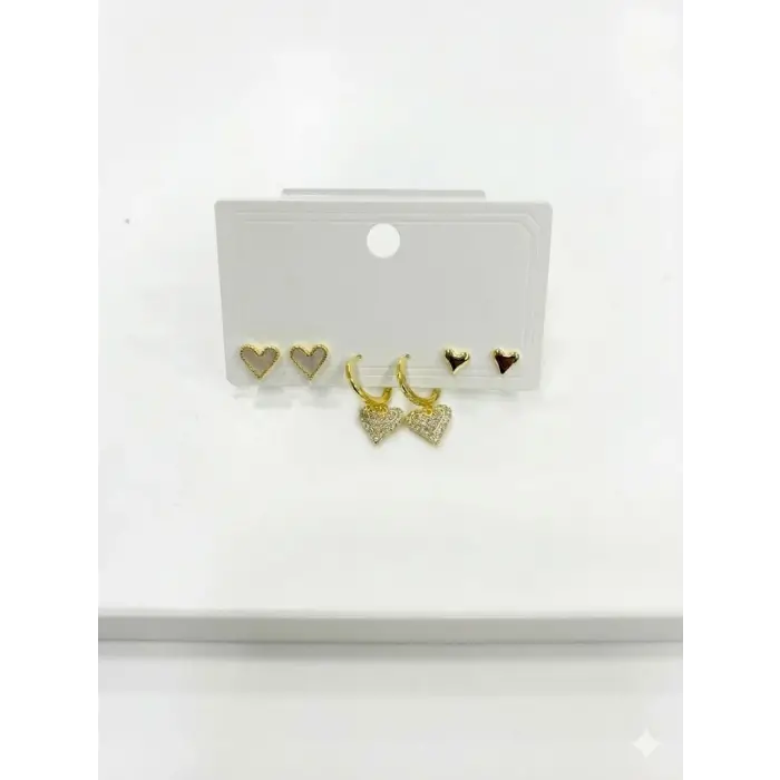 Sallantılı Kalp Detaylı Altılı Küpe - Kp00635