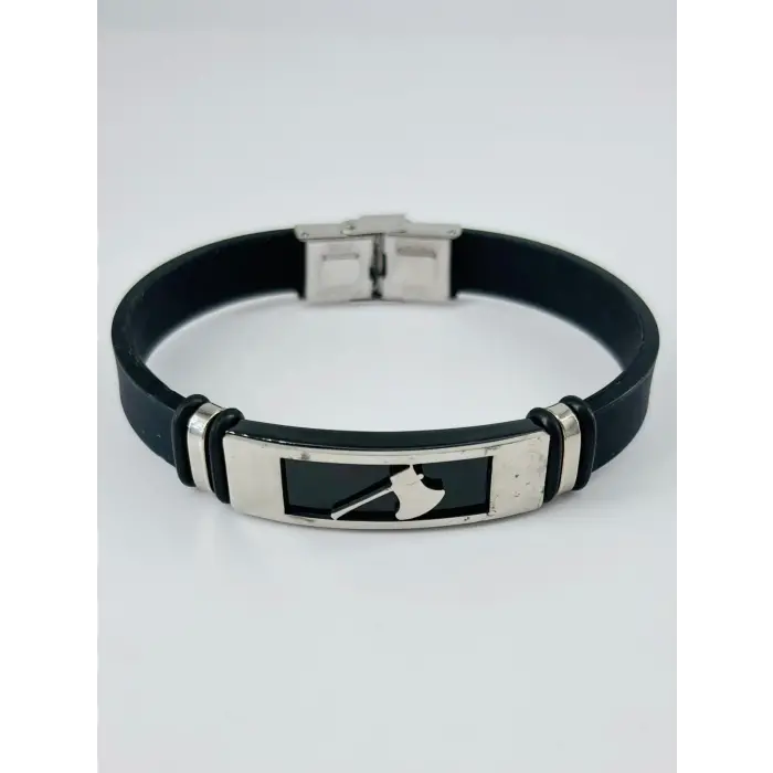 Siyah Silikon / Çelik  Erkek Deri Bileklik 20 Cm  - Ebl0110
