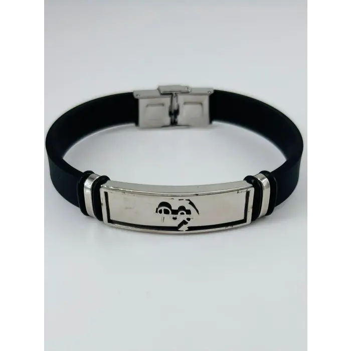 Siyah Silikon / Çelik  Erkek Deri Bileklik 20 Cm  - Ebl0101