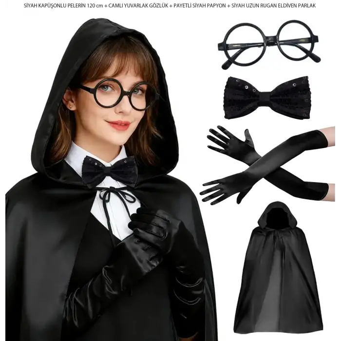 Siyah Kapüşonlu Büyücü Ve Cadı Pelerin Kostüm Seti (4 Parça)