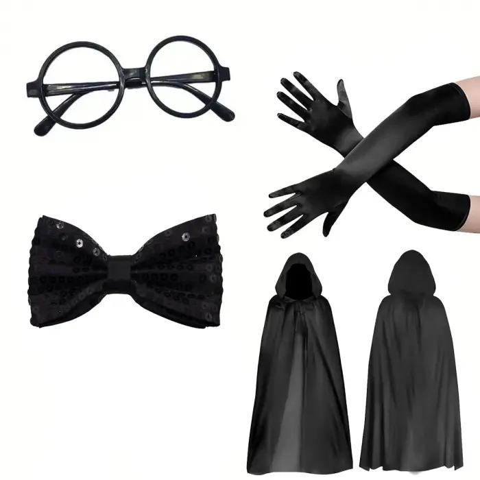 Siyah Kapüşonlu Büyücü Ve Cadı Pelerin Kostüm Seti (4 Parça)