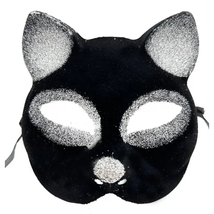 Siyah Renk Gümüş Simli Süet Kaplama Kedi Maskesi 18x14 Cm