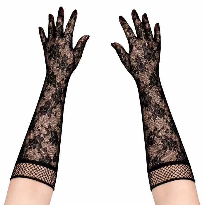 Siyah Uzun Gül Desenli Dantel Kadın Eldiveni