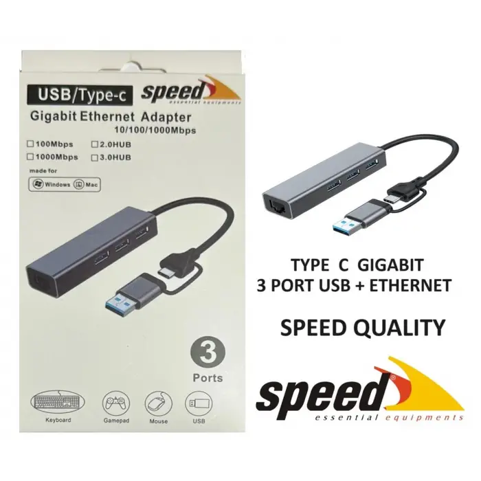 Speed UET01 10-100-1000 USB - Type c 3 Port USB 3.0 Çoklayıcı Gigabit Ethernet Çevirici (KDO)