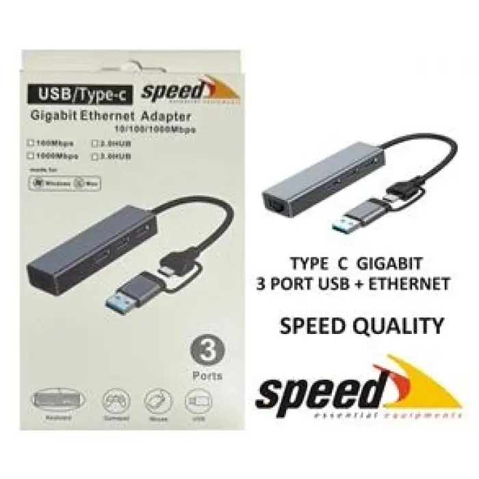 Speed UET01 10-100-1000 USB - Type c 3 Port USB 3.0 Çoklayıcı Gigabit Ethernet Çevirici (KDO)