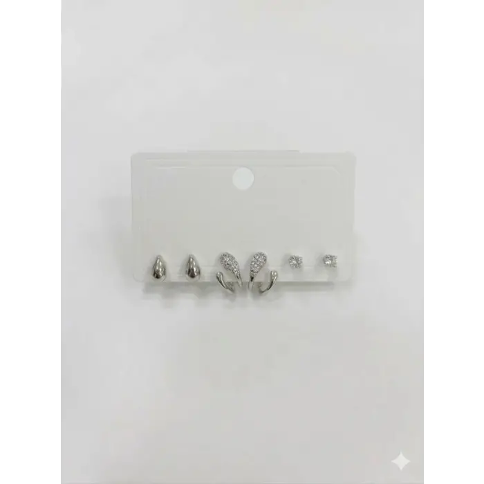 Rodyum  Zirkon Taşlı Pirinç Altılı  Kombin Küpe - Kp00567