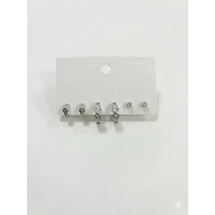 Rodyum Zirkon Taşlı Pirinç Altılı  Kombin Küpe - Kp00626