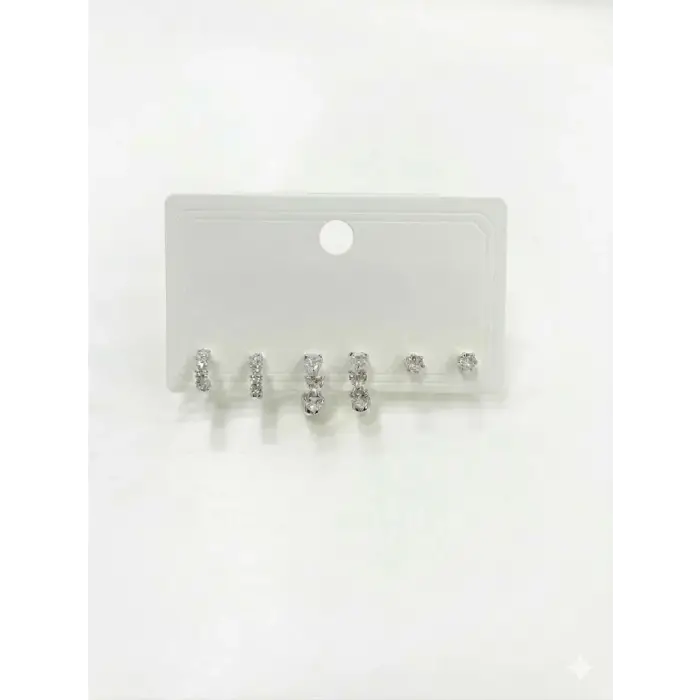 Rodyum Zirkon Taşlı Pirinç Altılı  Kombin Küpe - Kp00616