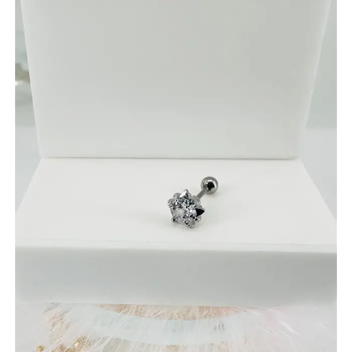 Rodyum Zirkon Taşlı Uç Kısmı : Pirinç Kıkırdak Bar Uzunluğu : 6 Mm / Bar Kalınlığı 0.8 Mm / Top Boyu 3 Mm - Pt0028