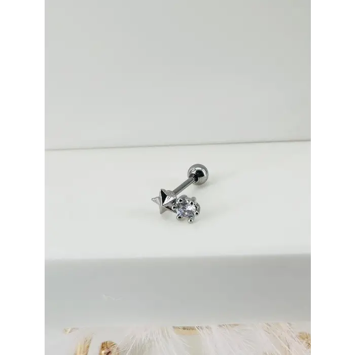 Rodyum Zirkon Taşlı Uç Kısmı : Pirinç Kıkırdak Bar Uzunluğu : 6 Mm / Bar Kalınlığı 0.8 Mm / Top Boyu 3 Mm - Pt0009