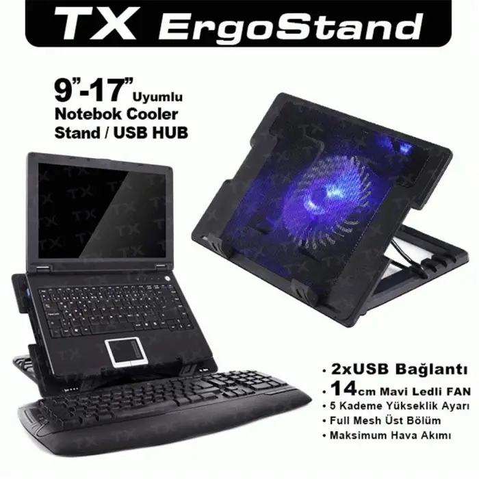 TX ACNBERGST  ErgoStand 14cm Led Fanlı 5 KademeLİ 2xUsb 9-17 Notebook Soğutucu-Stand (KDO)