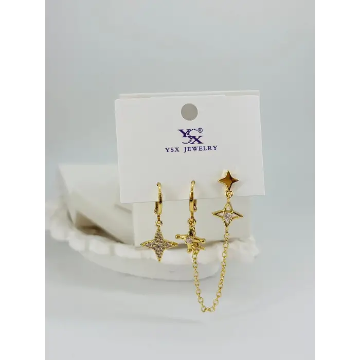   Zirkon Taşlı Pirinç Üçlü Kombin Küpe - Kp00545