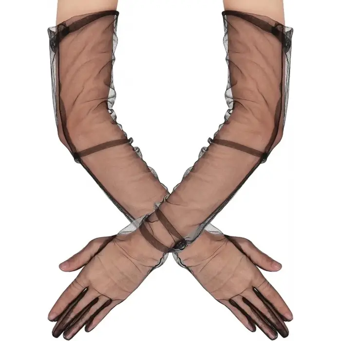 Uzun Boy Likralı Siyah Renk Yetişkin Mega Tül Eldiven 53 Cm