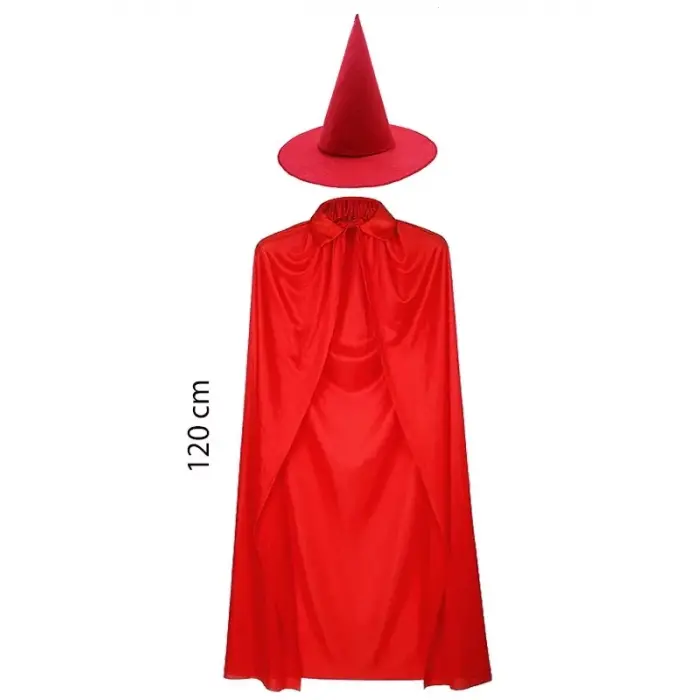 Yetişkin Boy 120 Cm Kırmızı Yakalı Pelerin Ve Kırmızı Cadı Şapkası