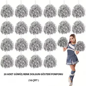10 Çift ( 20 Adet ) Gümüş Renk 23 Nisan 19 Mayıs 29 Ekim Okul Gösteri Ponponları