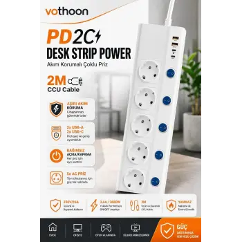 5’li Akım Korumalı Çoklu Priz 2 Metre Kablolu 3680w 16a 5 Anahtarlı 2usb-a 2 Usb-c Pd 20w Hızlı Ftr-28