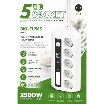 5’li Akım Korumalı Priz 2500w | 2 Usb + 2 Type-c Hızlı Şarj | Led Gece Lambalı | Dokunmatik Beyaz
