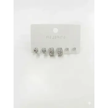 Rodyum Zirkon Taşlı Pirinç Altılı  Kombin Küpe - Kp00587