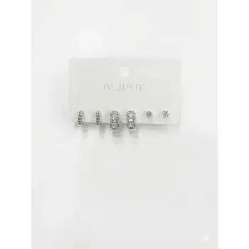 Rodyum  Zirkon Taşlı Pirinç Altılı  Kombin Küpe - Kp00579