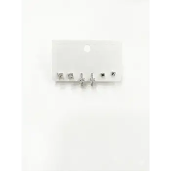 Rodyum  Zirkon Taşlı Pirinç Altılı  Kombin Küpe - Kp00573
