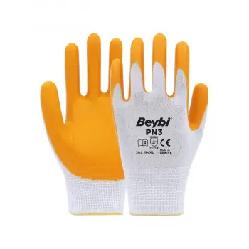 Beybi PN3 Beyaz Sarı 10 Beden Polyester Örme Nitril Eldiven 12li Paket EN388 (2121X) (KDO)