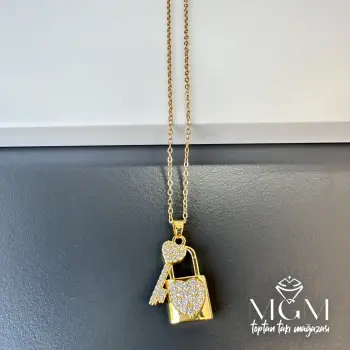 Çelik Zirkon Taşlı Anahtar Kilit Kolye - Kl0158