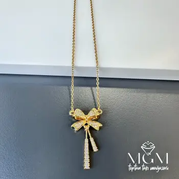 Çelik Zirkon Taşlı Fiyonk Kolye - Kl0154