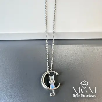 Çelik Zirkon Taşlı Kedili Kolye - Kl0161