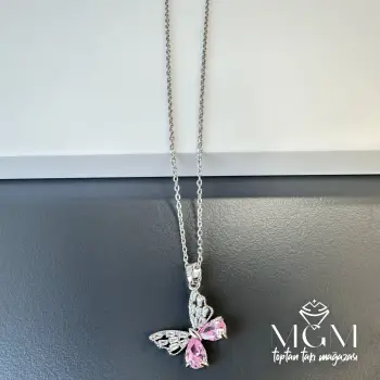 Çelik Zirkon Taşlı Kelebek Kolye - Kl0142