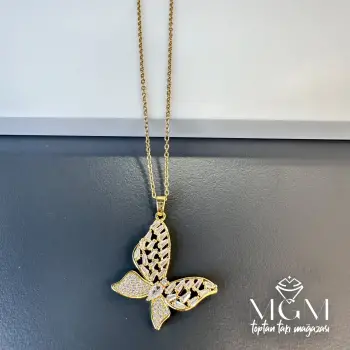 Çelik Zirkon Taşlı Kelebek Kolye - Kl0126