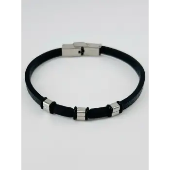 Siyah Deri / Çelik  Erkek Deri Bileklik 20 Cm  - Ebl0096