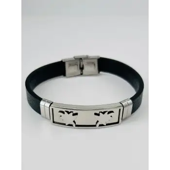 Siyah Deri / Çelik  Erkek Deri Bileklik 20 Cm  - Ebl0099