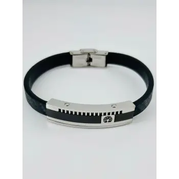 Siyah Deri / Çelik  Erkek Deri Bileklik 20 Cm  - Ebl0084