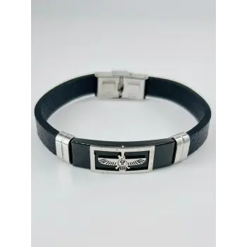 Siyah Deri / Çelik  Erkek Deri Bileklik 20 Cm  - Ebl0102