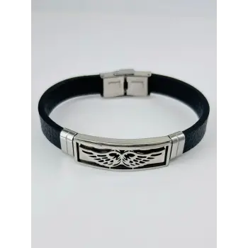 Siyah Deri / Çelik  Erkek Deri Bileklik 20 Cm  - Ebl0093