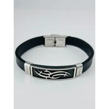 Siyah Deri / Çelik  Erkek Deri Bileklik 20 Cm  - Ebl0109