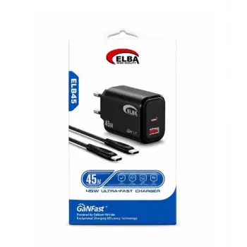 Elba ELB45 45W Siyah Ev Şarj Kafa+ Type- C To Type-C Kablo ( GANFAST Teknoloji Şarj Aleti ) (KDO)