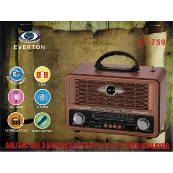 Everton Rt-759  Bluetooth Fm-Usb-Tf-Aux Solarlı  Şarjlı Nostaljik Radyo