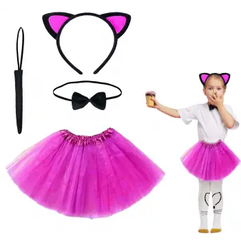 Fuşya Renk Etekli Kedi Kostüm Seti (tütü, Taç, Papyon, Kuyruk)