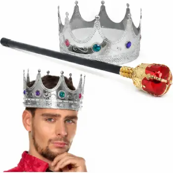Gümüş Kral Tacı Kraliyet Tacı 60 Cm Ve Kırmızı Topuzlu Kral Asası Seti