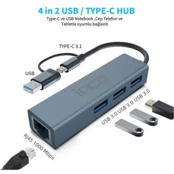 Inca IUTP-03TX Ethernet Usb 3.0+Type-C 3.1 Grişli 000 Mbps 3X3.1Usb Eternet-Çoklayıcı