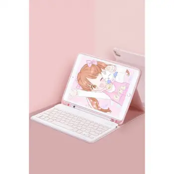 İpad Pro 12.9 (2022) Kılıf Kc01 Smart Klavyeli Tablet Kılıfı - Pembe
