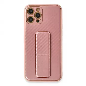 İphone 12 Pro Kılıf Coco Karbon Standlı Kapak - Pembe