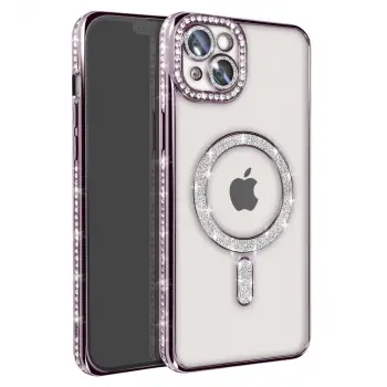 İphone 14 Kılıf Joke Simli Magneticsafe Kılıf - Derin Mor